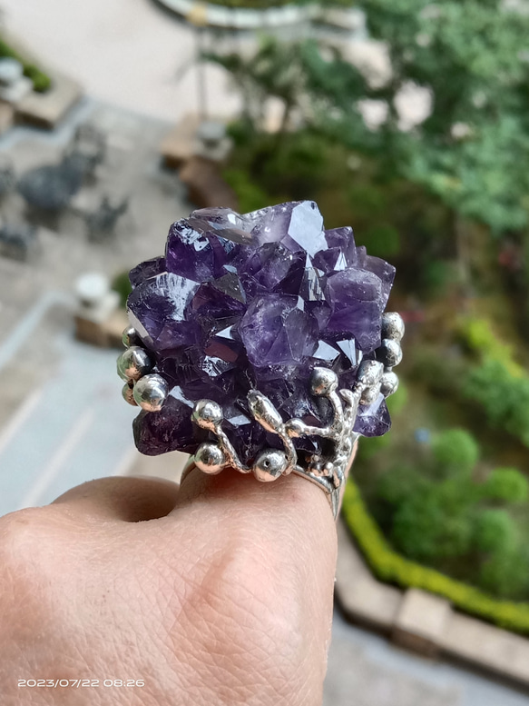 紫水晶原礦手工銀戒 純銀戒指~ 「紫晶花」~ Amethyst Cluster Silver Ring 第7張的照片