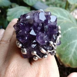 紫水晶原礦手工銀戒 純銀戒指~ 「紫晶花」~ Amethyst Cluster Silver Ring 第12張的照片