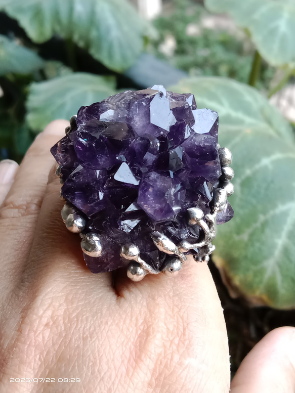 紫水晶原礦手工銀戒 純銀戒指~ 「紫晶花」~ Amethyst Cluster Silver Ring 第12張的照片