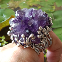 紫水晶原礦手工銀戒 純銀戒指~ 「紫晶花」~ Amethyst Cluster Silver Ring 第16張的照片