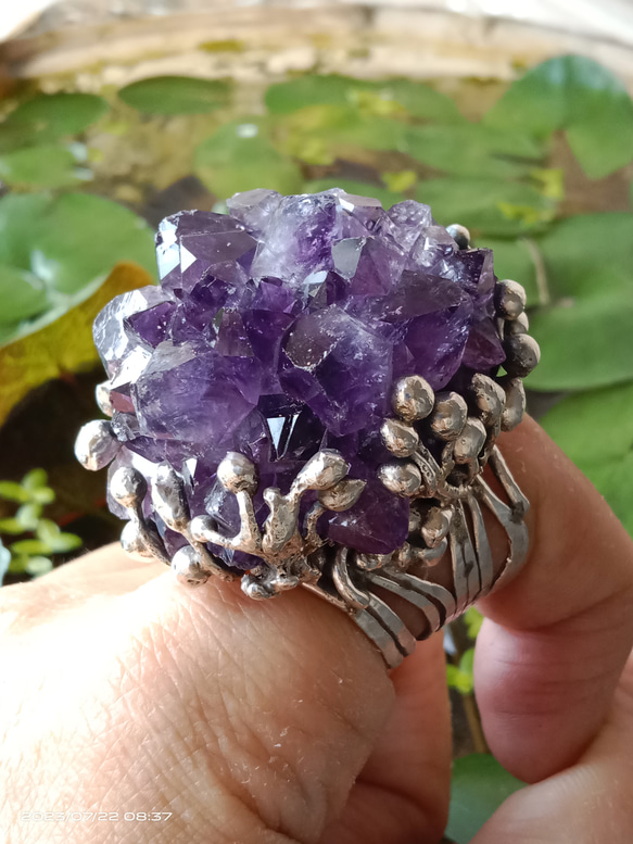 紫水晶原礦手工銀戒 純銀戒指~ 「紫晶花」~ Amethyst Cluster Silver Ring 第16張的照片