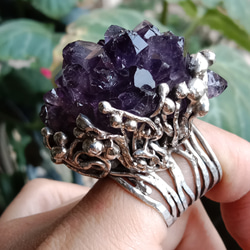 紫水晶原礦手工銀戒 純銀戒指~ 「紫晶花」~ Amethyst Cluster Silver Ring 第15張的照片