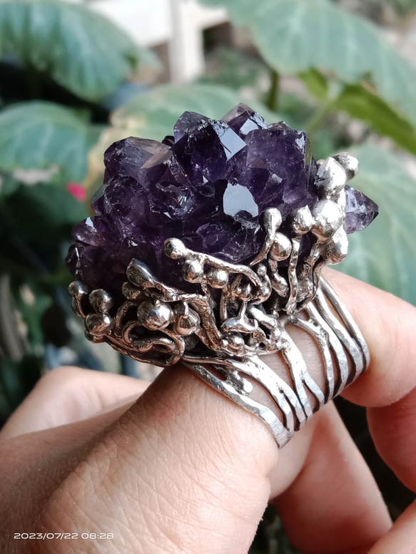 紫水晶原礦手工銀戒 純銀戒指~ 「紫晶花」~ Amethyst Cluster Silver Ring 第15張的照片