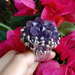 紫水晶原礦手工銀戒 純銀戒指~ 「紫晶花」~ Amethyst Cluster Silver Ring 第19張的照片