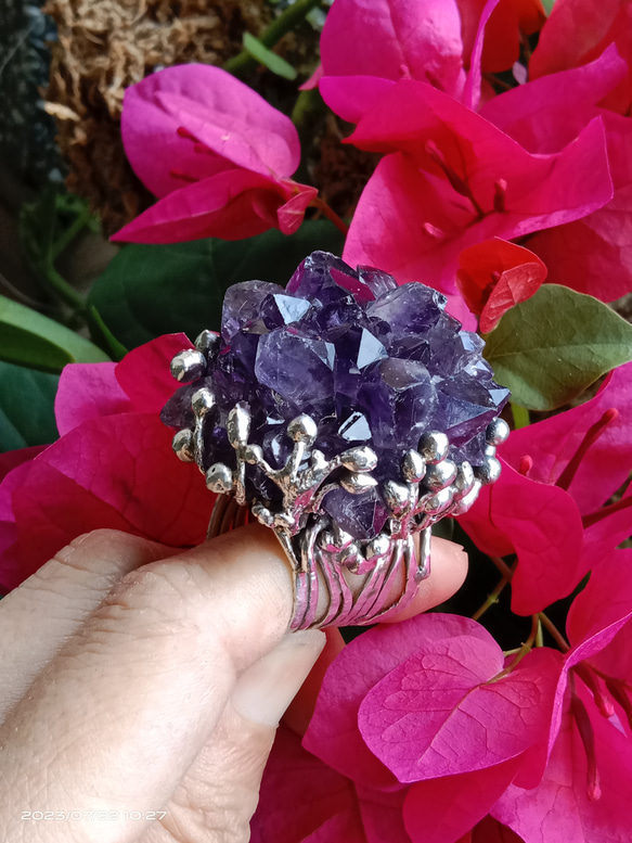 紫水晶原礦手工銀戒 純銀戒指~ 「紫晶花」~ Amethyst Cluster Silver Ring 第19張的照片