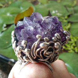 紫水晶原礦手工銀戒 純銀戒指~ 「紫晶花」~ Amethyst Cluster Silver Ring 第3張的照片