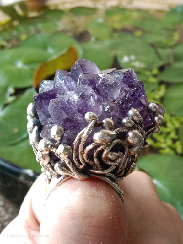 紫水晶原礦手工銀戒 純銀戒指~ 「紫晶花」~ Amethyst Cluster Silver Ring 第3張的照片