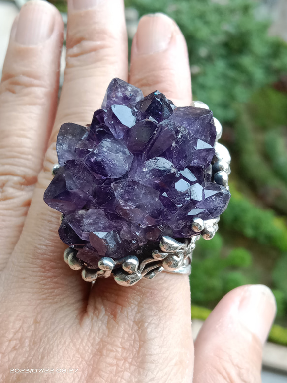 紫水晶原礦手工銀戒 純銀戒指~ 「紫晶花」~ Amethyst Cluster Silver Ring 第20張的照片