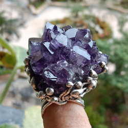 紫水晶原礦手工銀戒 純銀戒指~ 「紫晶花」~ Amethyst Cluster Silver Ring 第10張的照片