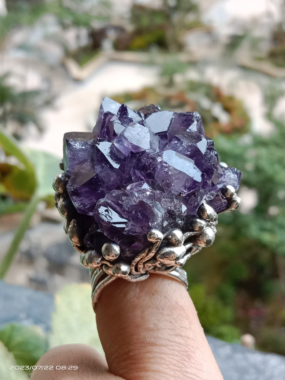 紫水晶原礦手工銀戒 純銀戒指~ 「紫晶花」~ Amethyst Cluster Silver Ring 第10張的照片