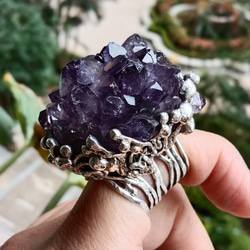 紫水晶原礦手工銀戒 純銀戒指~ 「紫晶花」~ Amethyst Cluster Silver Ring 第6張的照片