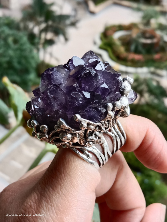 紫水晶原礦手工銀戒 純銀戒指~ 「紫晶花」~ Amethyst Cluster Silver Ring 第6張的照片