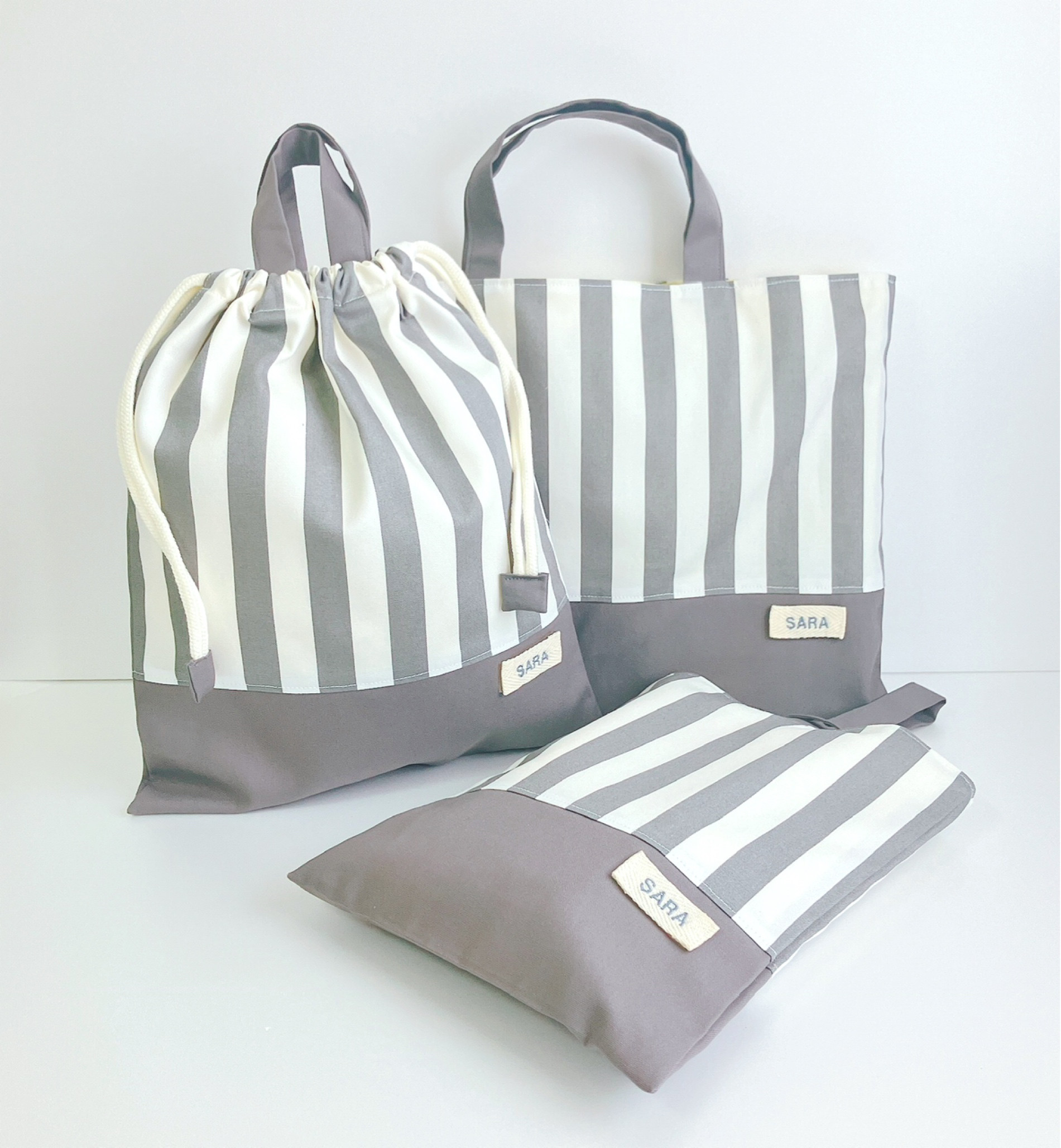 【入園入学3点セット】グレーストライプ レッスンバッグ＊名前刺繍OK＊上品くすみカラー＊通園通学グッズ　小学生幼稚園