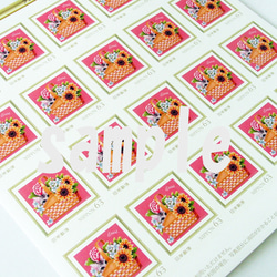 オリジナルデザイン63円切手5枚・ボク消えたよ・子猫・バスケット・ひまわり・ブルースター・薔薇・いたずら・パステル画 2枚目の画像