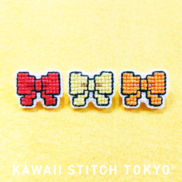 りぼん【ブローチ】バッチ バッジ リボン 推し活 刺繍 かわいい クロスステッチ ポップ オーダーメイド 1枚目の画像