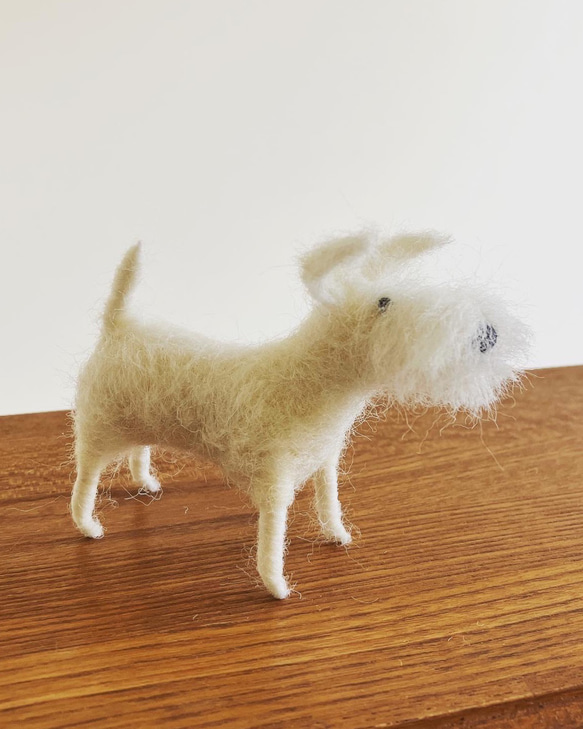 羊毛フェルト犬 ミニチュアシュナウザー 白シュナ ハンドメイド置物 1枚目の画像