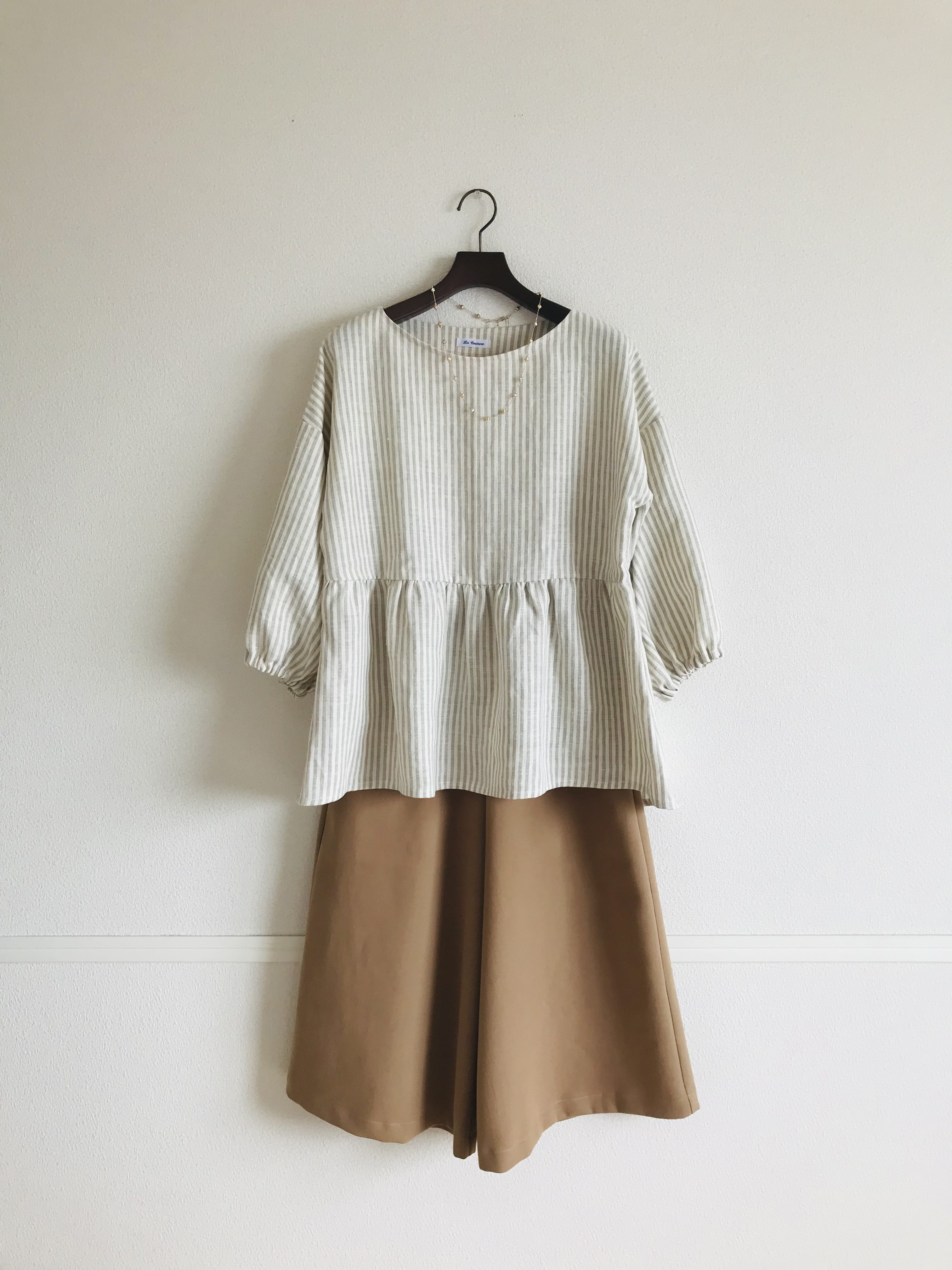 【春夏初秋】Aライン切替ギャザー七分袖プルオーバー / リネン　ストライプ　ベージュ/ サイズL〜L L