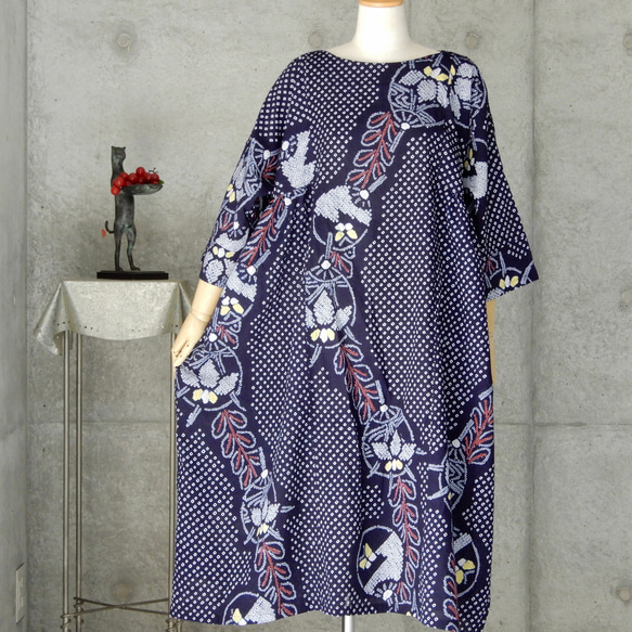 着物リメイク　有松絞りのチュニックワンピース   フリーサイズ  kimono　 8枚目の画像