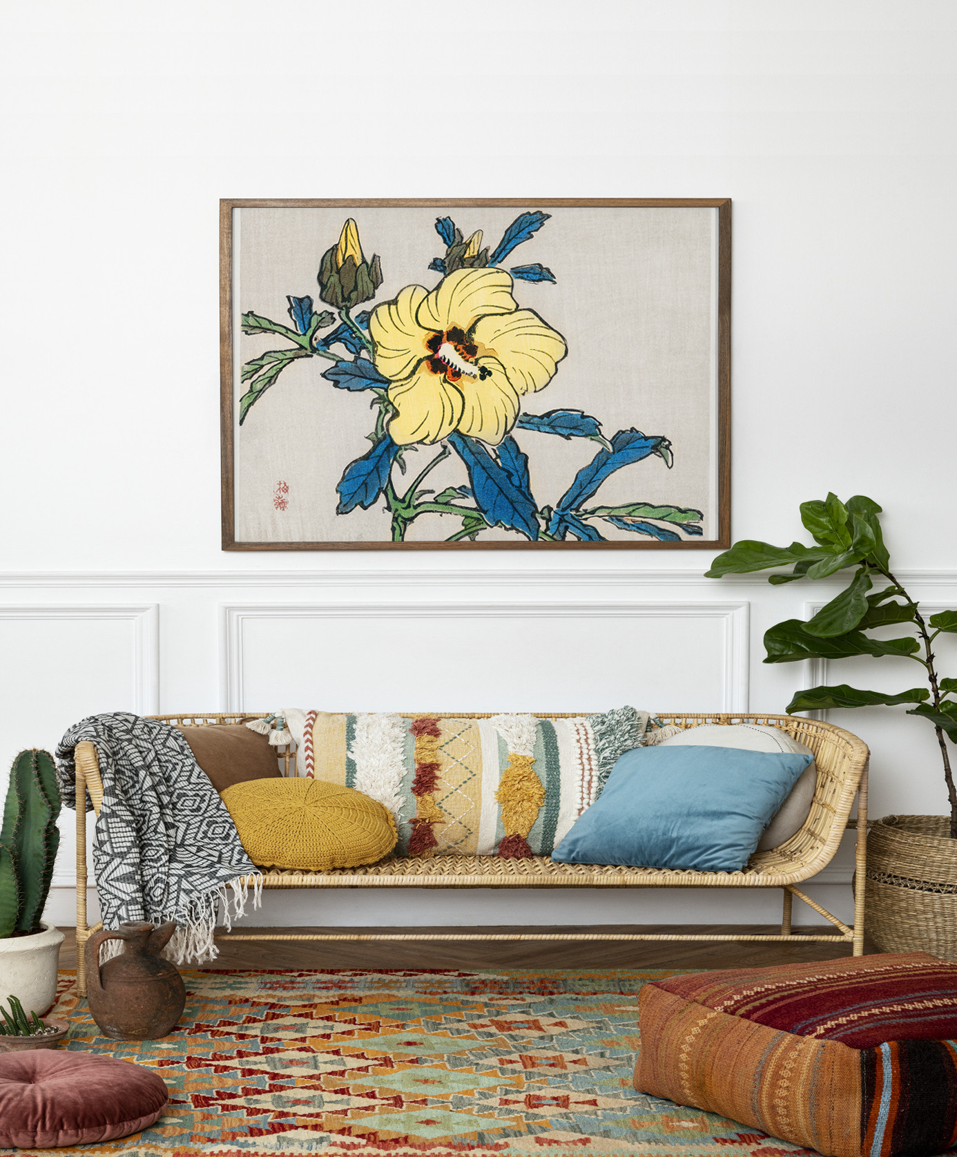 【真作】絵画　ミクストメディア　月とハイビスカスの幻想　和モダンアート　W17