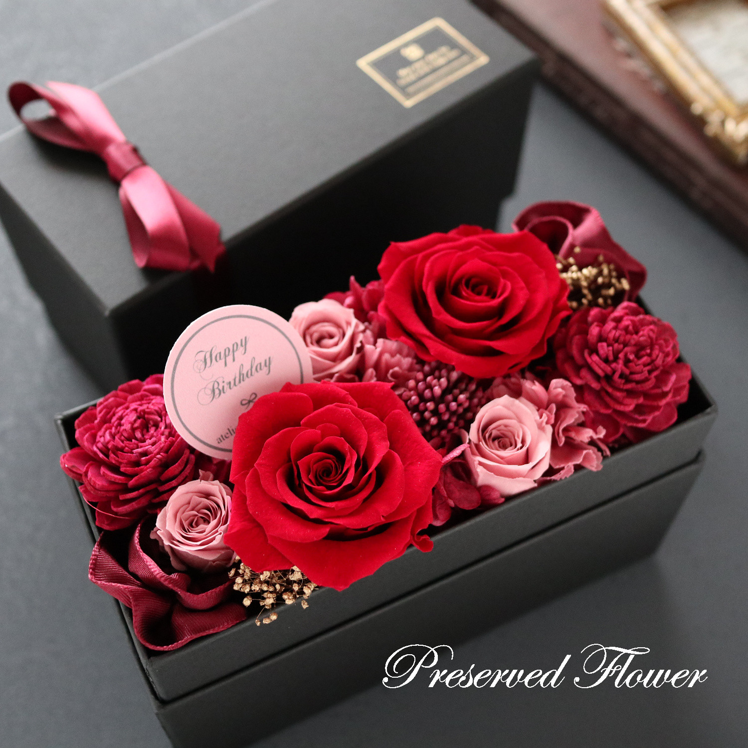 選べるメッセージ｜ワインレッドのエレガントなフラワーボックス｜誕生日・敬老の日・還暦祝い・退職祝い等　pre.101