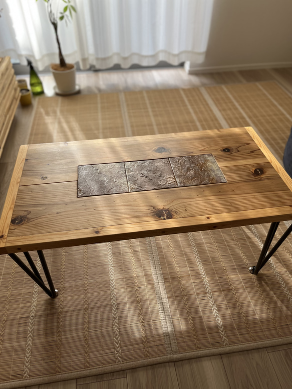 [幅85cm] ローテーブル ナチュラル　タイルテーブル モダン 天然木 スチール製 美濃焼き 3枚目の画像