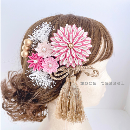 つまみ細工 髪飾り＊ピンクダリア＊ 成人式 七五三 卒業式 結婚式 和装