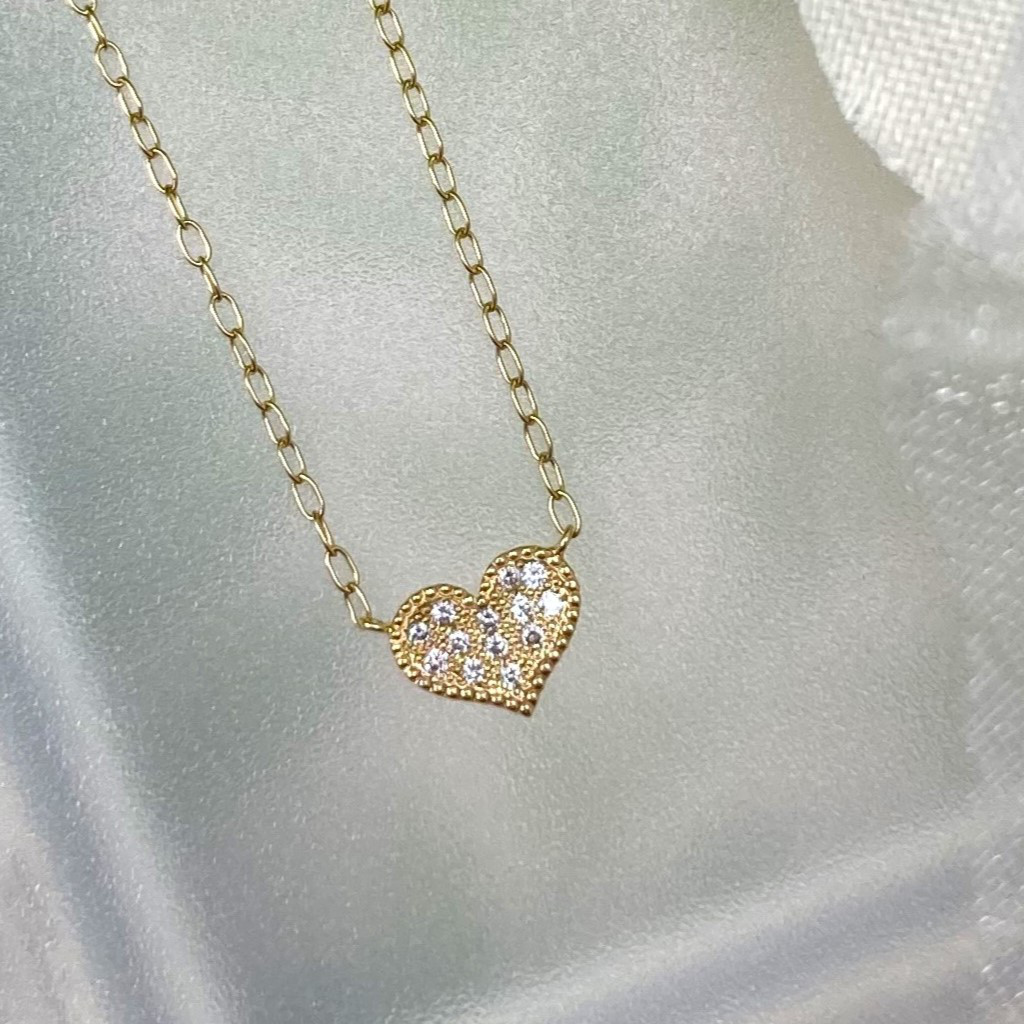 K18YG 天然石 ダイヤモンドのハート型プチペンダント【P0305】