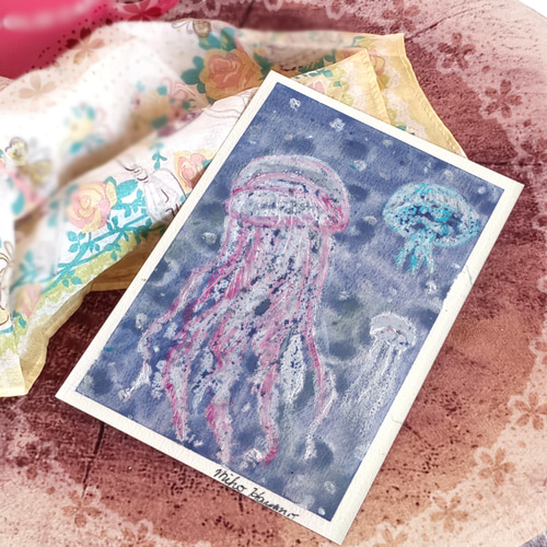 原画1点限り】漂うクラゲ 小さなパステル画 絵画 はやの みほ
