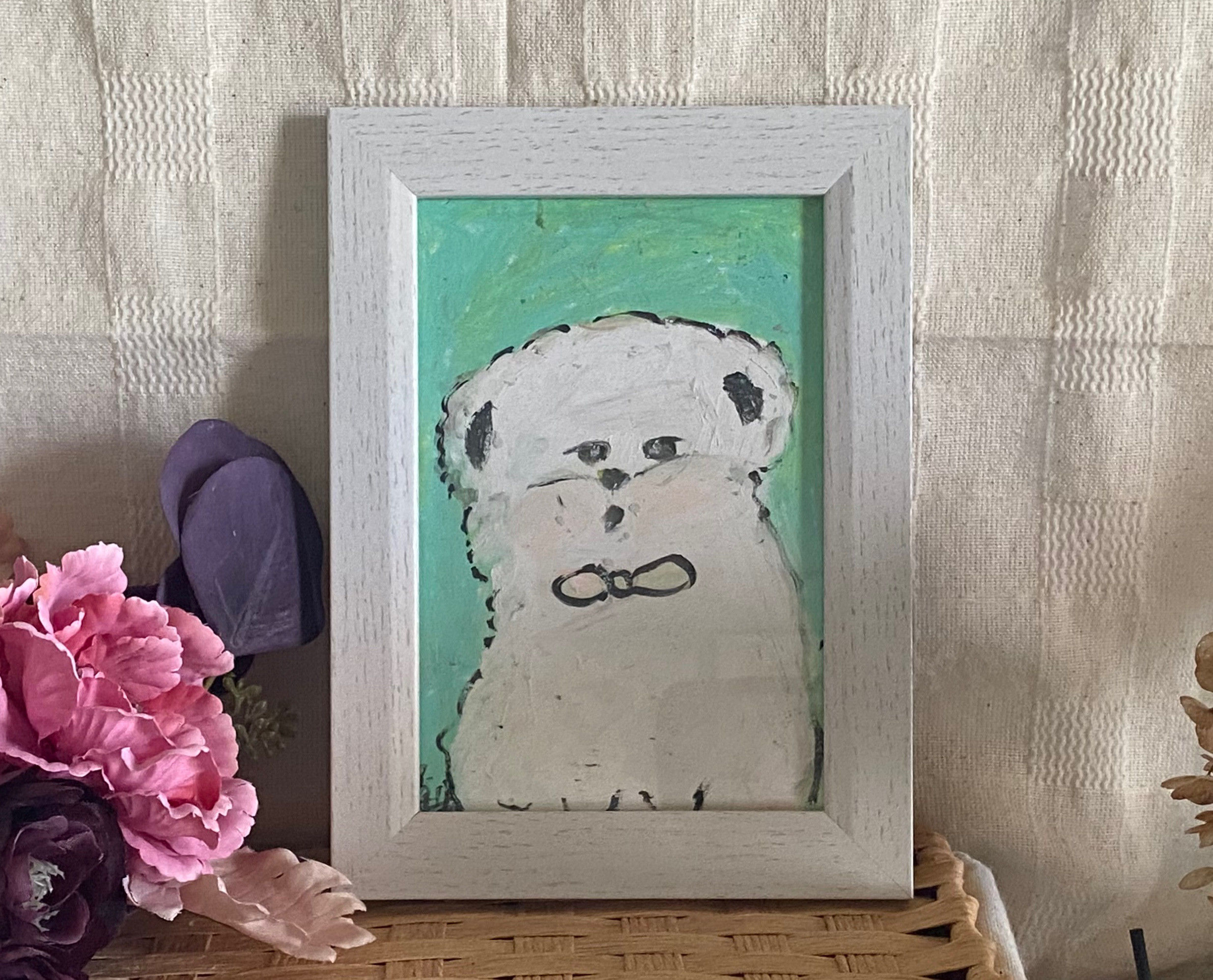 絵画。原画手描き【雪が降る冬、かわいい犬と猫の楽しい写真記念】