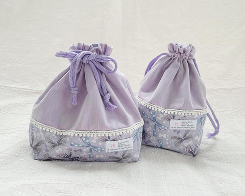 【受注制作】　お弁当袋　入園入学 入園入学準備、新学期準備☆リボンがいっぱいのお弁当袋とコップ袋の