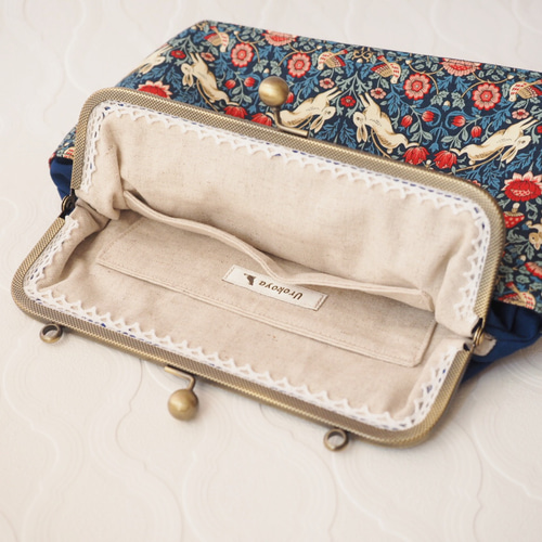 レトロ上品ウサギとリスのがま口バッグ ショルダーバッグ 帆布