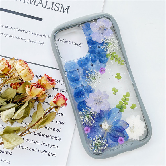 紫陽花、iFace風押し花ケース、iPhoneのみ対応、手帳型、iPhone15 