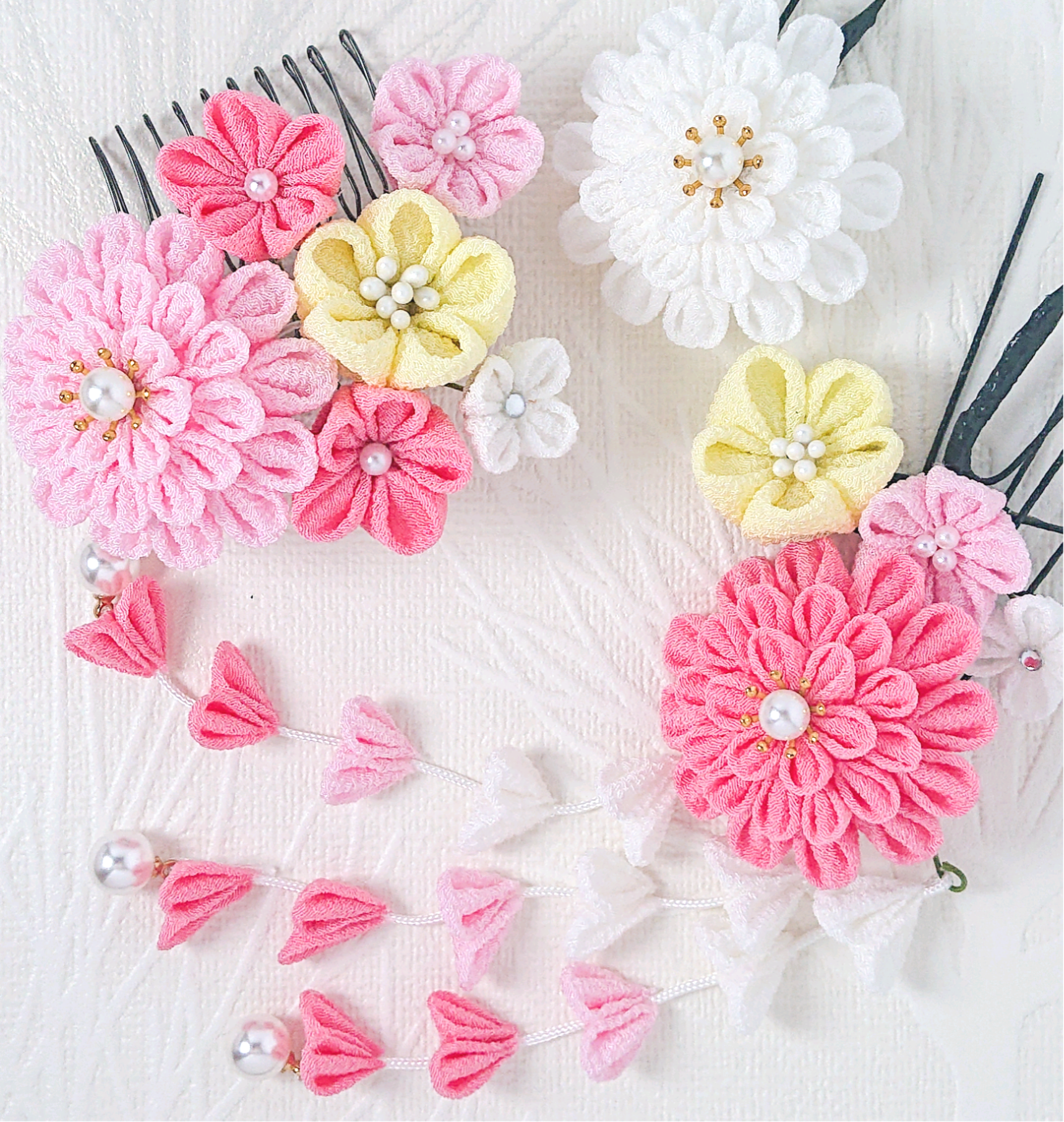 《セール！》つまみ細工】花音　黄＆ピンク　髪飾り 6点セット  七五三 7歳　3歳　成人式　卒業式