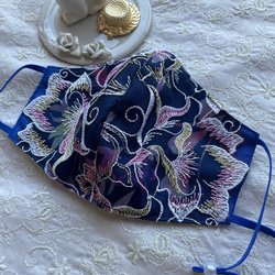 「プリント刺繍レースマスク」ブルー 百合刺繍 夏祭り  浴衣 5枚目の画像