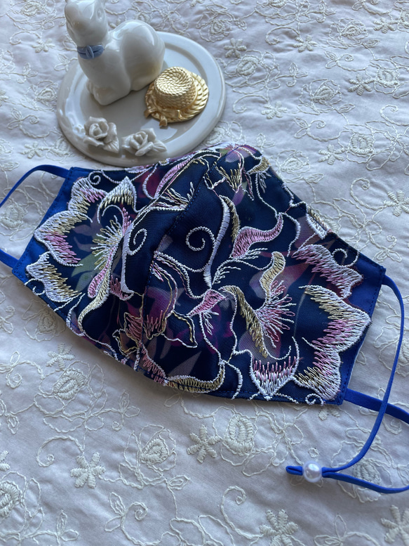 「プリント刺繍レースマスク」ブルー 百合刺繍 夏祭り  浴衣 5枚目の画像