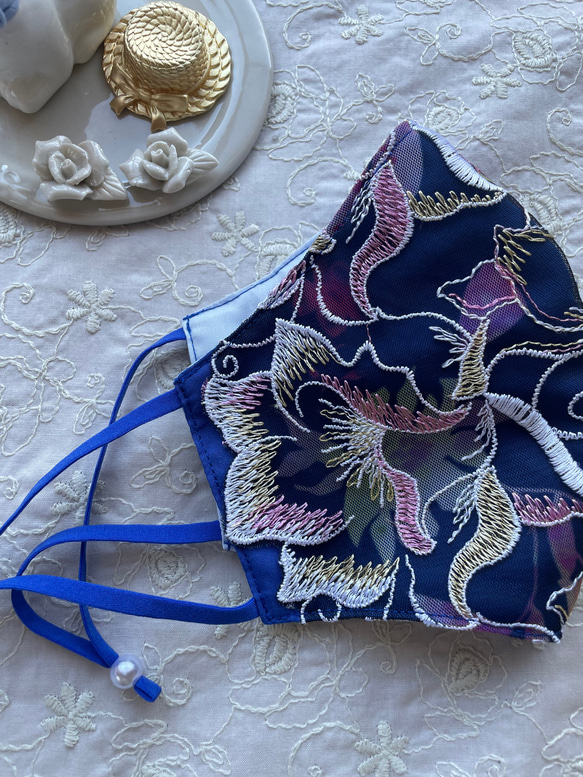 「プリント刺繍レースマスク」ブルー 百合刺繍 夏祭り  浴衣 7枚目の画像