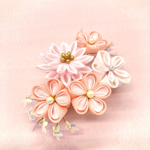 キラキラお花スパンコールの髪飾り つまみ細工 七五三 橙 浴衣 ピンク