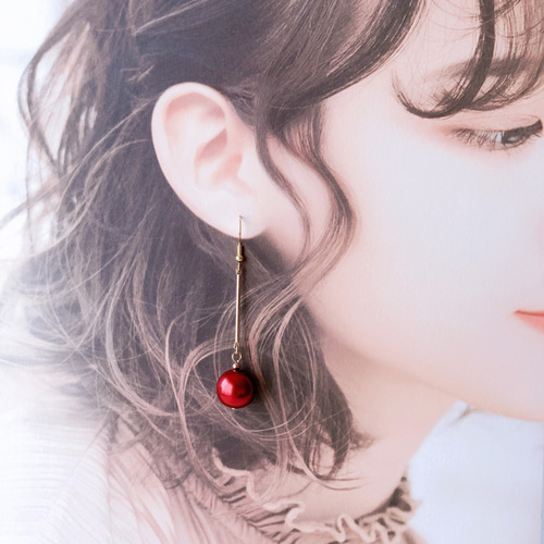 プチプラ☆一粒パールのピアス・イヤリング（レッド） ピアス（フック 