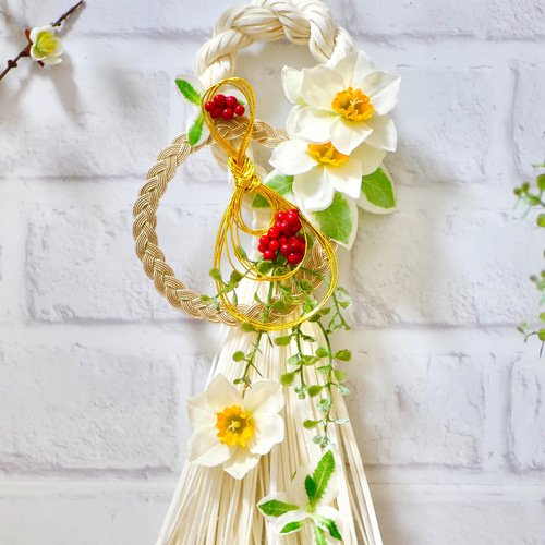 水仙とみょうがの白いしめ飾り(タッセル型) しめ縄・しめ飾り nozomi