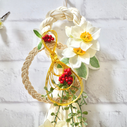 水仙とみょうがの白いしめ飾り(タッセル型) しめ縄・しめ飾り nozomi