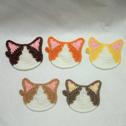 エコたわし&コースター　秋色カラフルなハチワレ猫　5枚セット（1重タイプ）送料無料 2枚目の画像