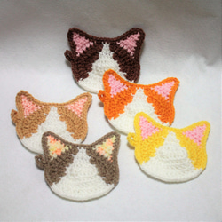 エコたわし&コースター　秋色カラフルなハチワレ猫　5枚セット（1重タイプ）送料無料 1枚目の画像
