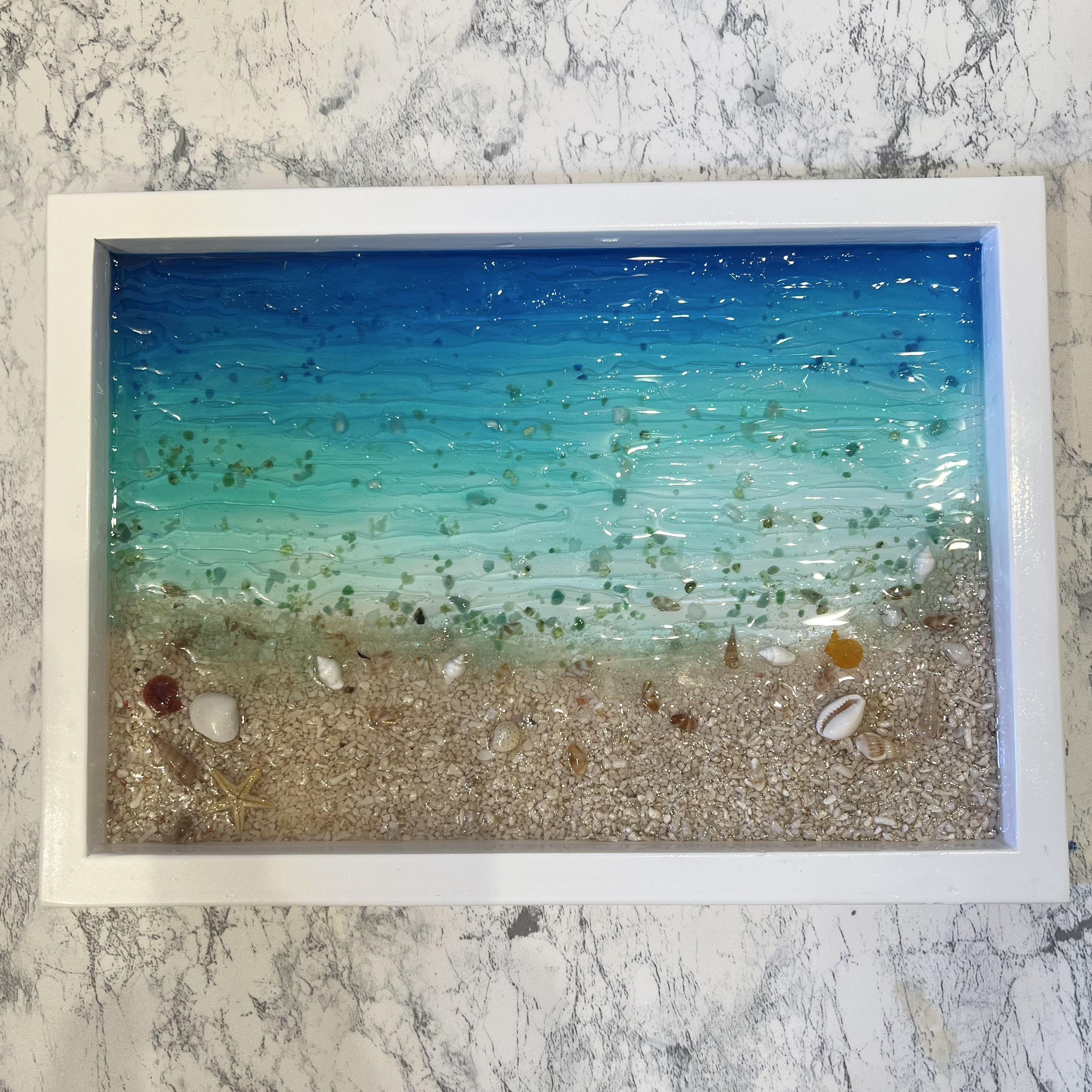 送料無料！波行き際波紋アートパネル 沖縄　ハワイ　グラデーション 海 レジン エポキシ サンゴ 砂浜 貝殻  天然石