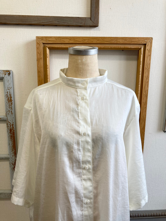 襯衫裙❤️立領四分之三袖襯衫裙米白色（尺碼隨意LL） 第4張的照片