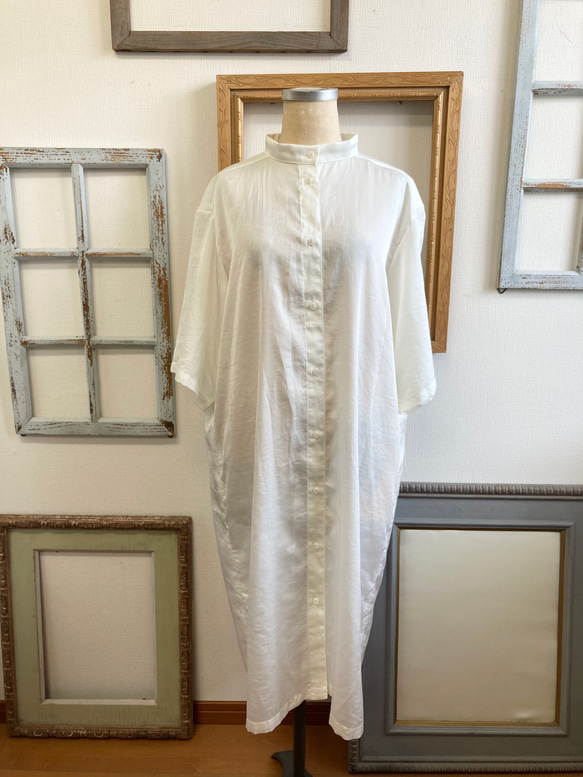 襯衫裙❤️立領四分之三袖襯衫裙米白色（尺碼隨意LL） 第1張的照片
