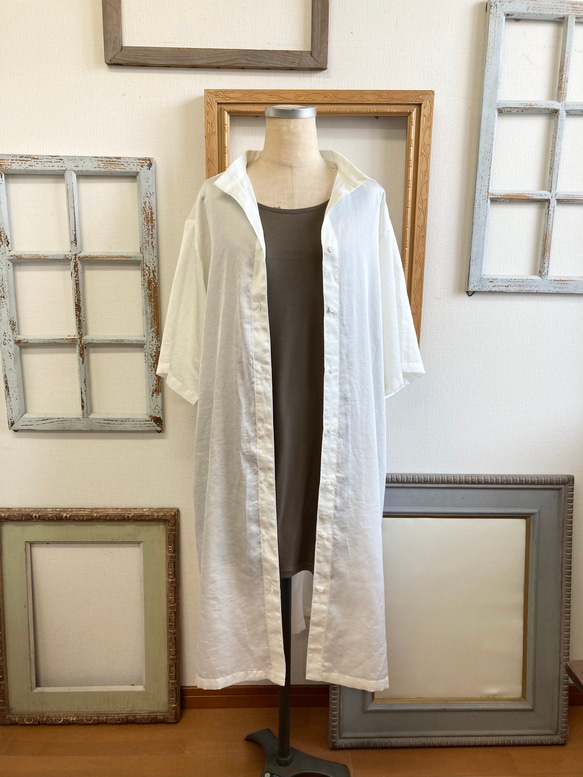 襯衫裙❤️立領四分之三袖襯衫裙米白色（尺碼隨意LL） 第15張的照片