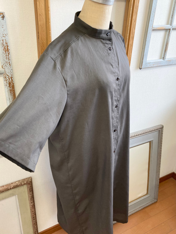 襯衫裙❤️立領四分之三袖襯衫裙卡其色（尺碼隨意LL） 第3張的照片