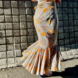 【フリーサイズ・フリル巻きスカート】インドハンドブロックプリント生地 1枚目の画像