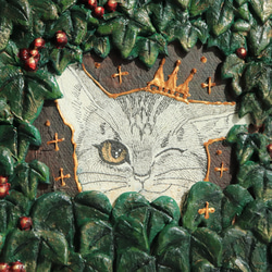【一点物】「黒い森と猫」テクスチャーアートとペン画の半立体作品　猫と緑のツタ 2枚目の画像