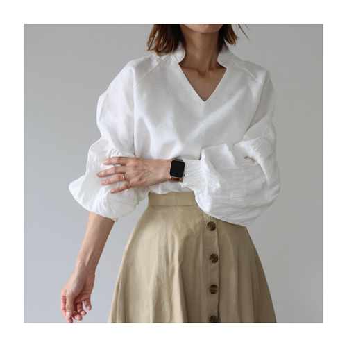 ヨーロッパリネンブラウス／リネンギャザーバルーンスリーブ